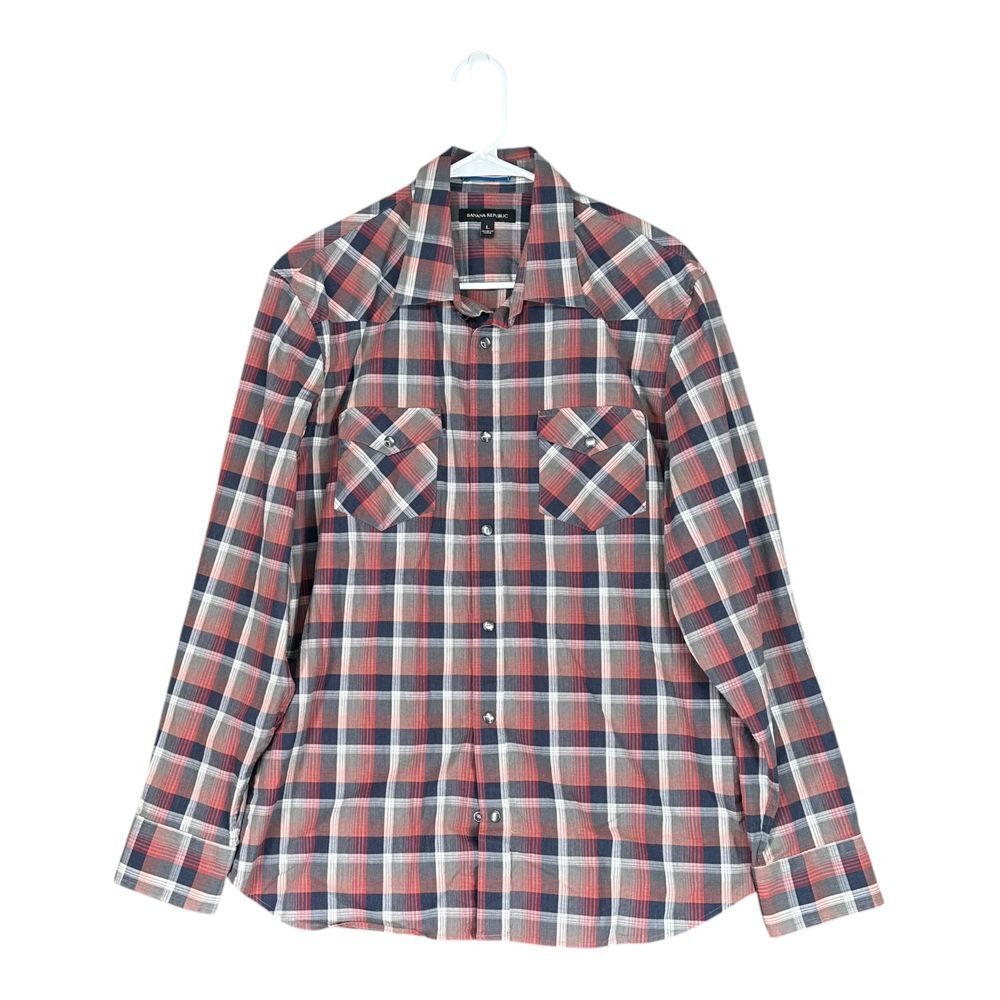 Banana Republic Men's L Large Red Plaid Pearl Snap LS Shirt Camp Western Rugged
